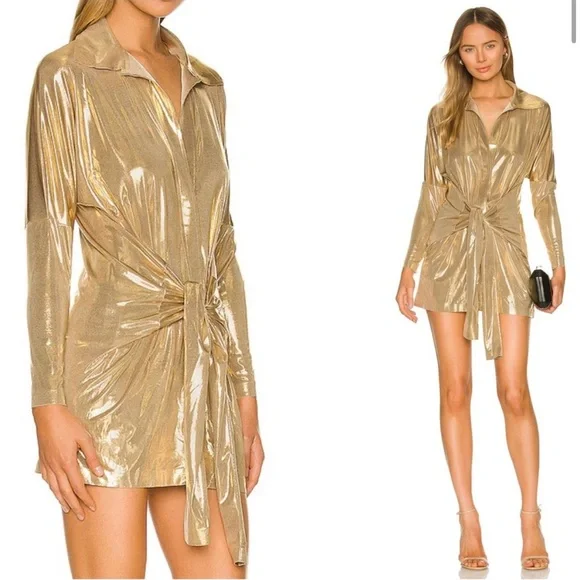 Norma Kamali | Dresses | Norma Kamali Liquid Gold Ty Knot Front Mini Dress  M | Poshmark